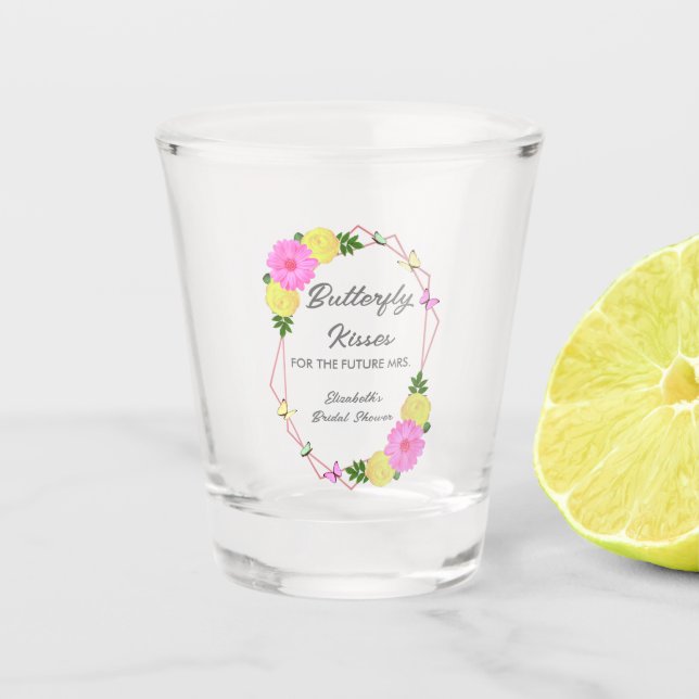 Butterfly Kisses For The Future Mrs. Bridal Shower Shot Glass (Front)