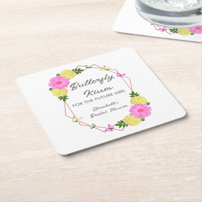 Butterfly Kisses For The Future Mrs. Bridal Shower Square Paper Coaster (Angled)