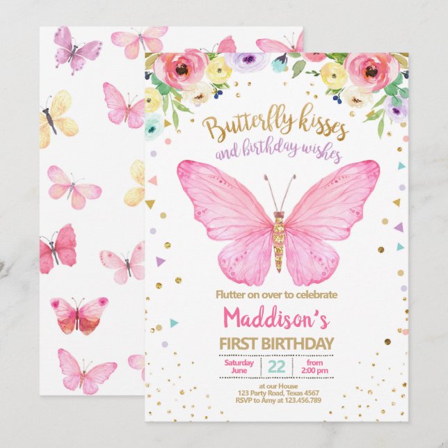 Butterfly Kisses Garden Floral Confetti Birthday Invitation (Front/Back)