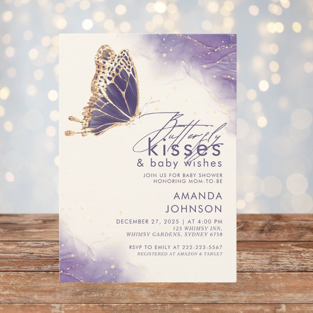 Butterfly kisses Purple Glitter Baby Shower  Invitation (Creator Uploaded)