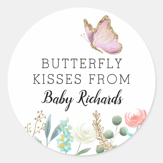 Butterfly Kisses Sweet Baby Shower Favour Classic Round Sticker (Front)