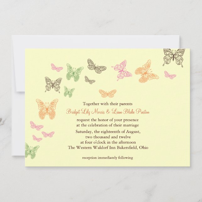 Butterfly Kisses Wedding Invite yellow (Front)