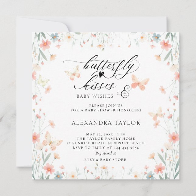 Butterfly Kisses Wild Coral Teal Girl Baby Shower Invitation (Front)