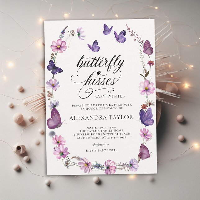 Butterfly Kisses Wild Purple Baby Girl Shower Invitation (butterfly kisses baby wishes girl shower invitation purple pink garden watercolor spring summer boho)