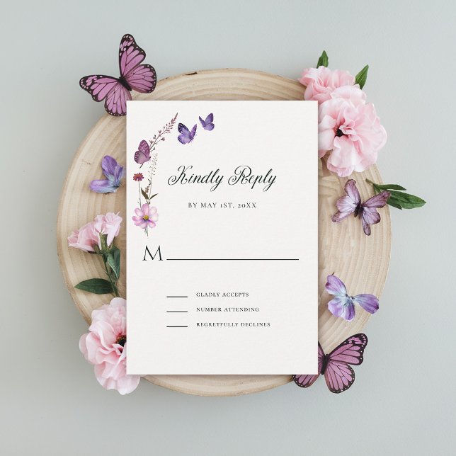 Butterfly Kisses Wild Purple Baby Girl Shower RSVP Card (butterflies wildflowers rsvp card baby shower bridal wedding birthday party spring summer garden)