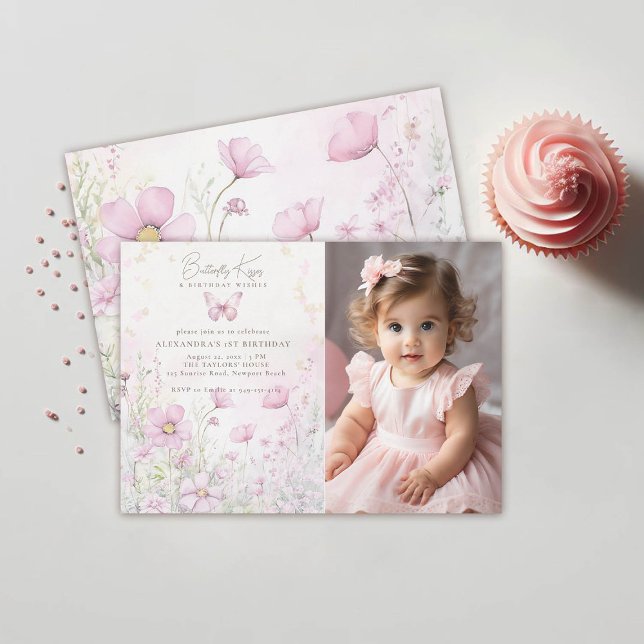 Butterfly Kisses Wildflowers Photo 1st Birthday Invitation (butterfly kisses birthday wishes pink wild flowers garden 1st birthday girl photo invitation)