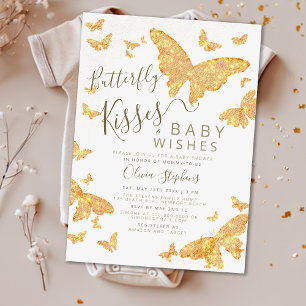 Butterfly Kisses Wishes Boho Chic Gold Baby Shower Invitation