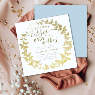 Butterfly Kisses Wishes Gold Blue Boy Baby Shower Invitation