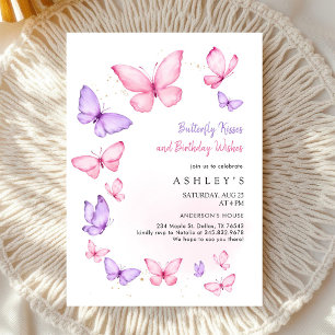 Butterfly Kisses & Wishes Kids Girl Birthday Invitation