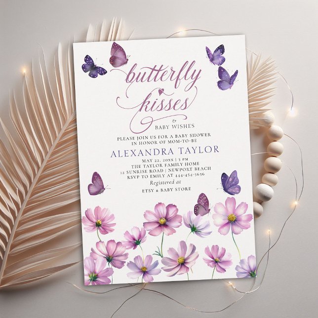 Butterfly Kisses Wishes Mauve Baby Girl Shower Invitation (butterfly kisses baby wishes girl shower invitation purple mauve garden watercolor spring summer)