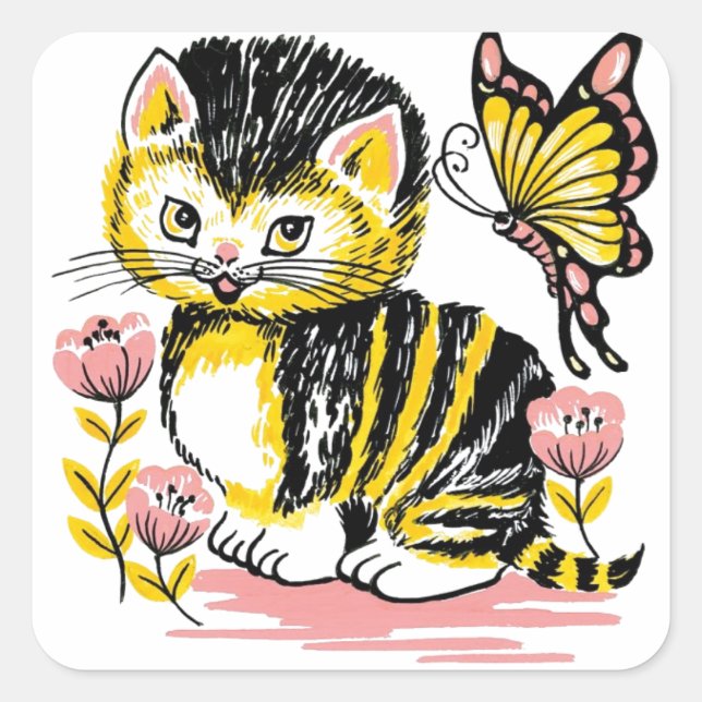 Butterfly & Kitten Square Sticker (Front)
