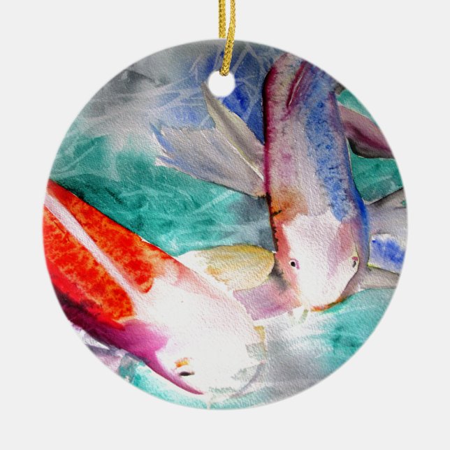 Butterfly Koi watercolour Japanese Fish Art Ceramic Tree Decoration (Front)