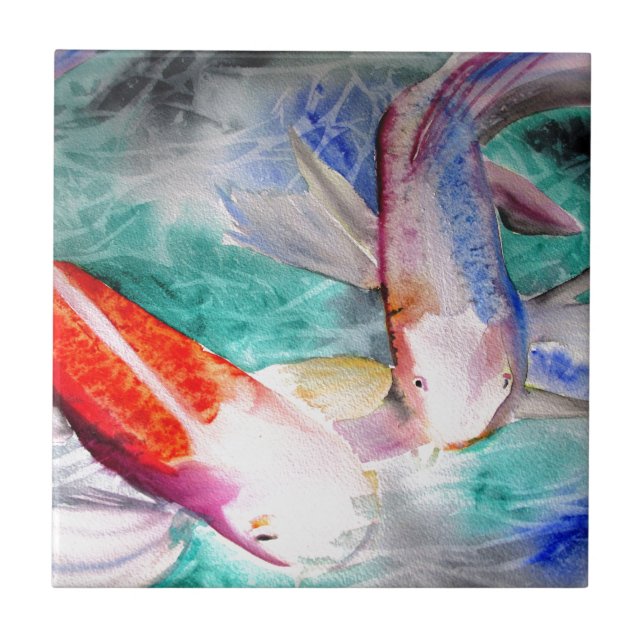Butterfly Koi watercolour Japanese Fish Art Tile (Front)