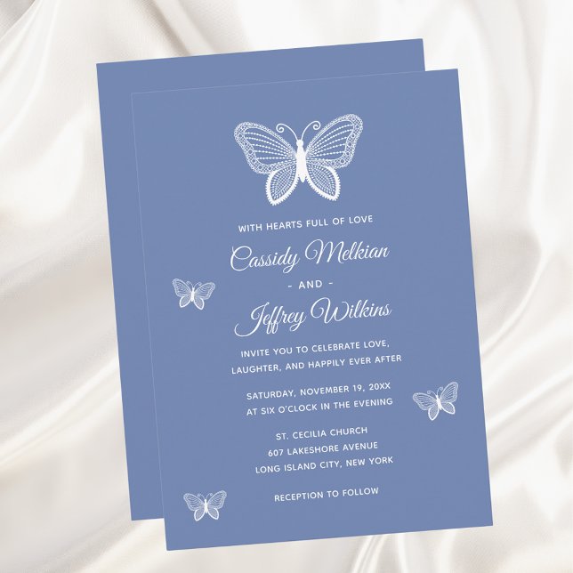 Butterfly Lace Dusty Blue Elegant Wedding Invitation (Creator Uploaded)