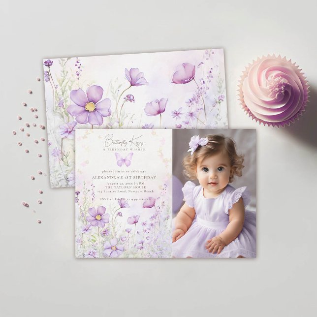Butterfly Lavender Wildflowers Photo 1st Birthday Invitation (butterfly kisses purple lavender wild flowers garden 1st birthday girl photo invitation template)