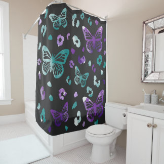 Butterfly Leopard Black Shower Curtain