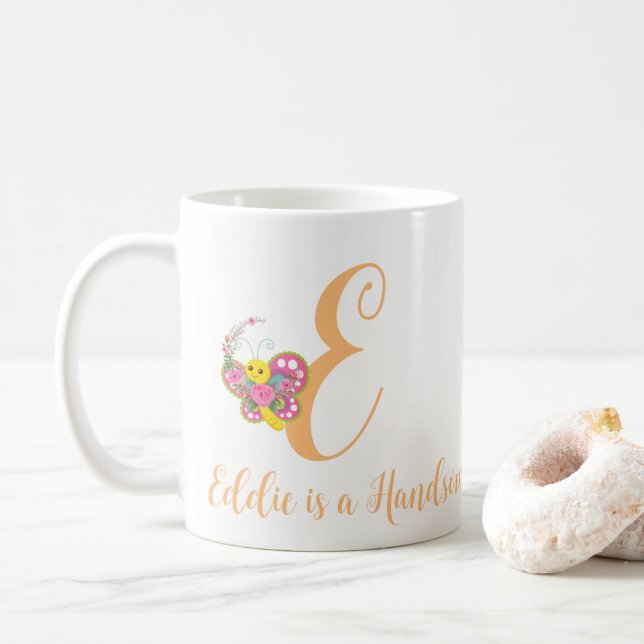 Butterfly Letter E Floral Mug (With Donut)