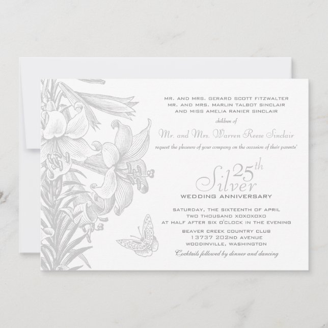 Butterfly Lilies Silver 25th Wedding Anniversary Invitation (Front)