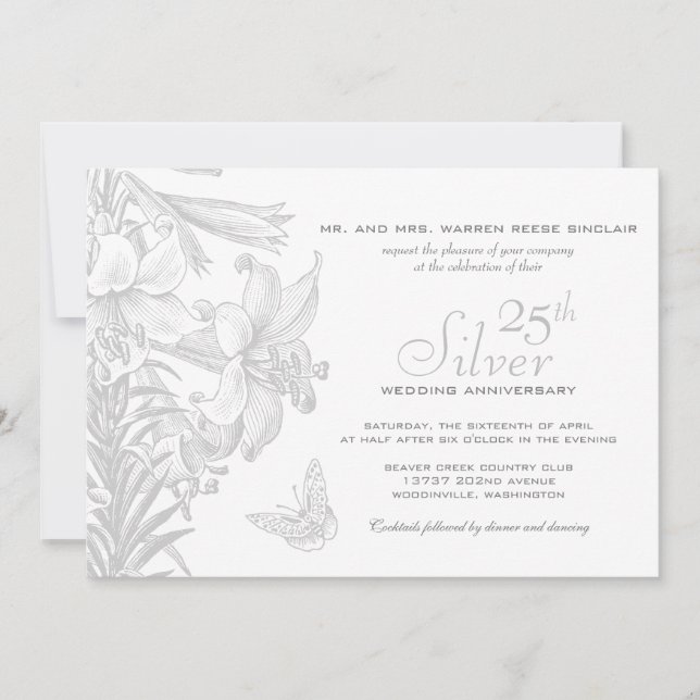 Butterfly Lilies Silver 25th Wedding Anniversary Invitation (Front)