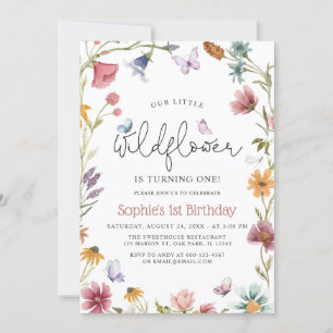 Butterfly Little Wildflower 1st Baby Girl Birthday Invitation
