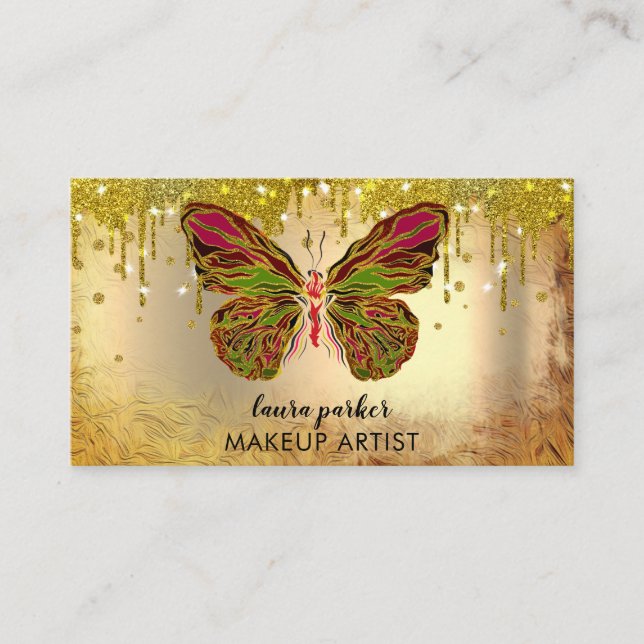 Butterfly Logo Gold Dripping Girly Modern Rainbow  Business Card (Front)