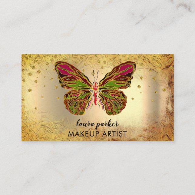 Butterfly Logo Gold Glitter Girly Modern Rainbow B Business Card (Front)