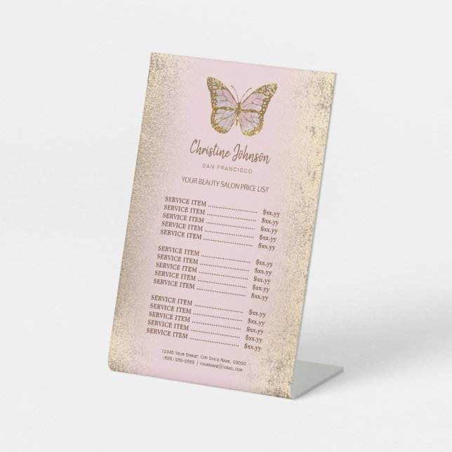 butterfly logo on faux gold foil price list pedestal sign (Front)