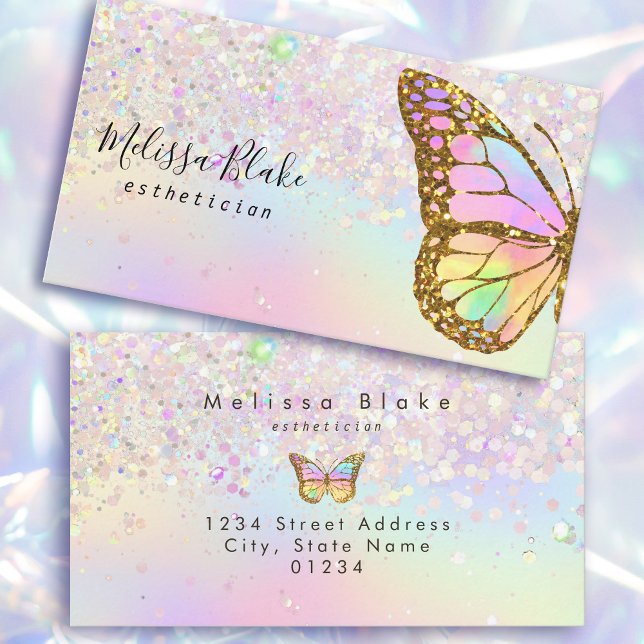 butterfly logo on faux pastel glitter design business card (Creator Uploaded)