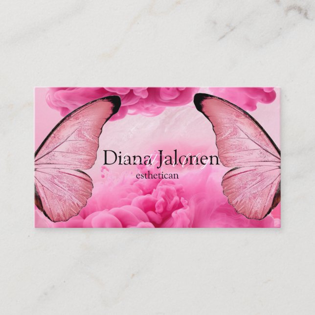 butterfly logo on faux pink sparkle business card (Front)