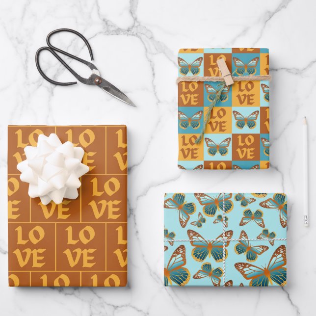 Butterfly Love Pattern | Blue & Orange Gradient Wrapping Paper Sheet (Front)
