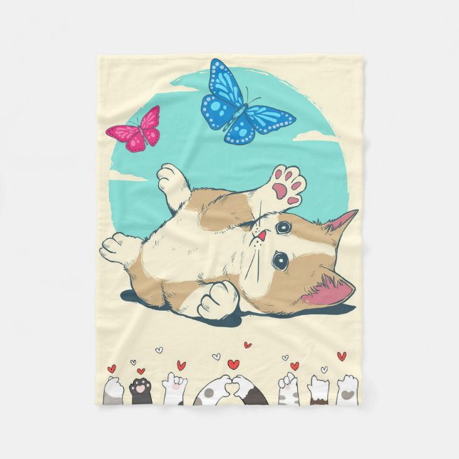 Butterfly Lover Cat Play With Butterfly Fleece Blanket (Front)