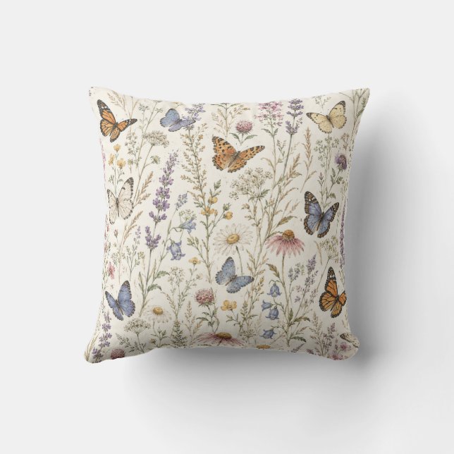 Butterfly Lover Throw Pillow, Wildflower Botanical Cushion (Back)