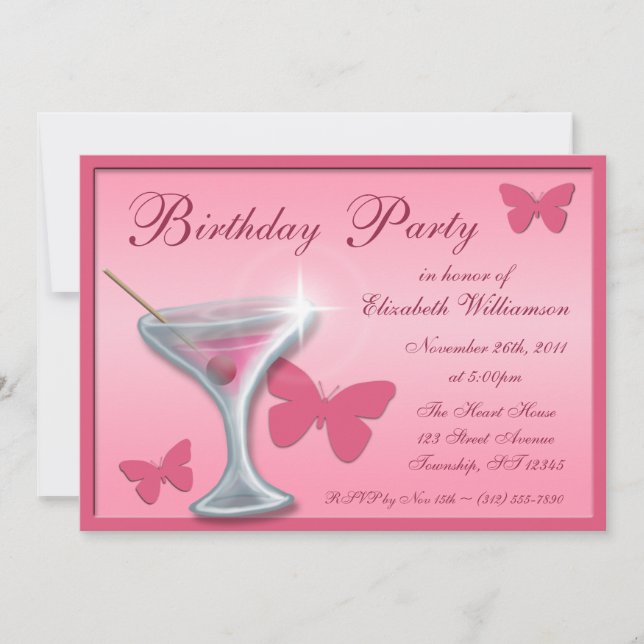 Butterfly Martini Birthday Party Invitations (Front)