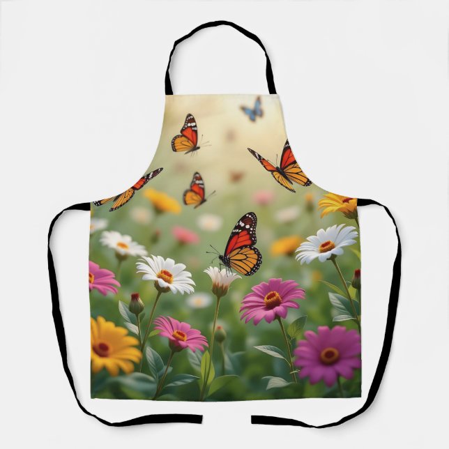 Butterfly Meadow Seamless Pattern Vibrant Flowers Apron (Front)
