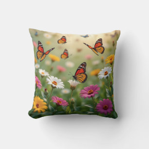 Butterfly Meadow Seamless Pattern Vibrant Flowers Cushion