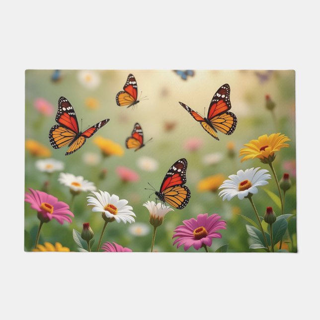 Butterfly Meadow Seamless Pattern Vibrant Flowers Doormat (Front)