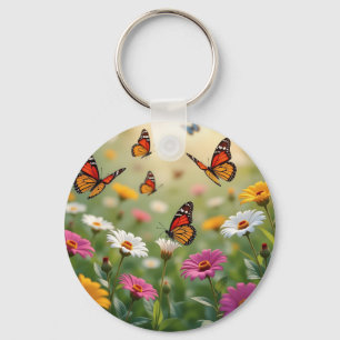 Butterfly Meadow Seamless Pattern Vibrant Flowers Key Ring