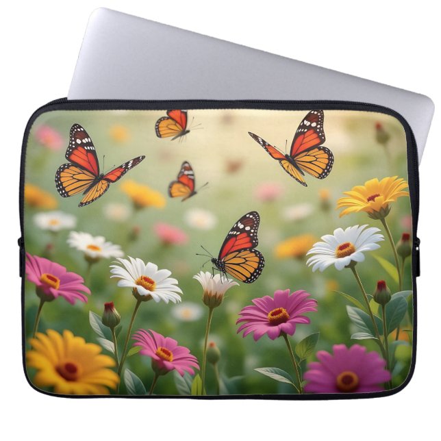 Butterfly Meadow Seamless Pattern Vibrant Flowers Laptop Sleeve (Front)