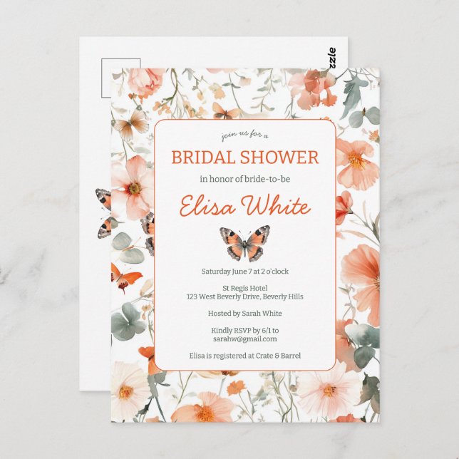 Butterfly Meadow Watercolor Bridal Shower Party  Postcard (Front/Back)