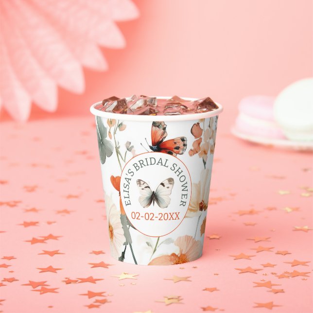 Butterfly Meadow Watercolor CUSTOM Bridal Shower Paper Cups (Insitu)