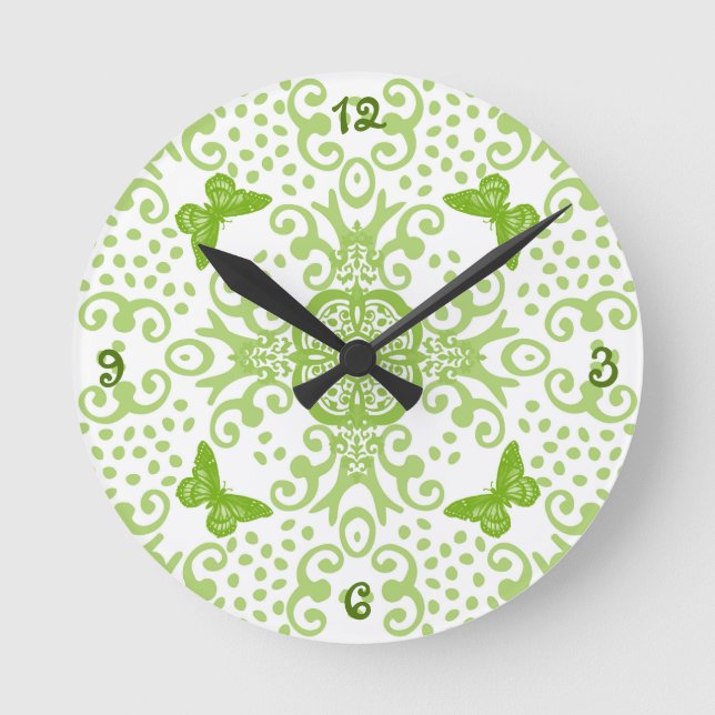 Butterfly Medallion Green 'n White Numbered Round Clock (Front)