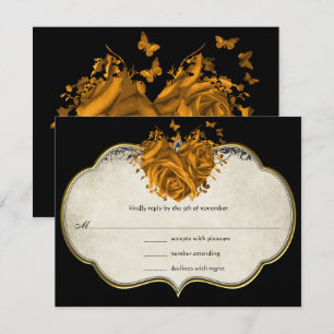 Butterfly Metallic Gold Heart Tan Faux Parchment RSVP Card