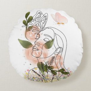 Butterfly Mind – floral line art Round Cushion
