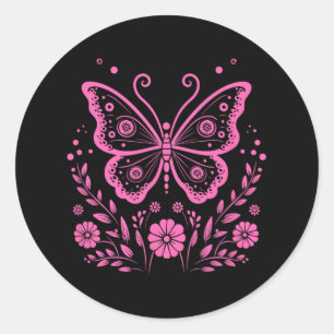 Butterfly Monarch Flower Exotic Breast Cancer Awar Classic Round Sticker
