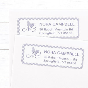 Butterfly Monogram Lavender Gingham Return Address