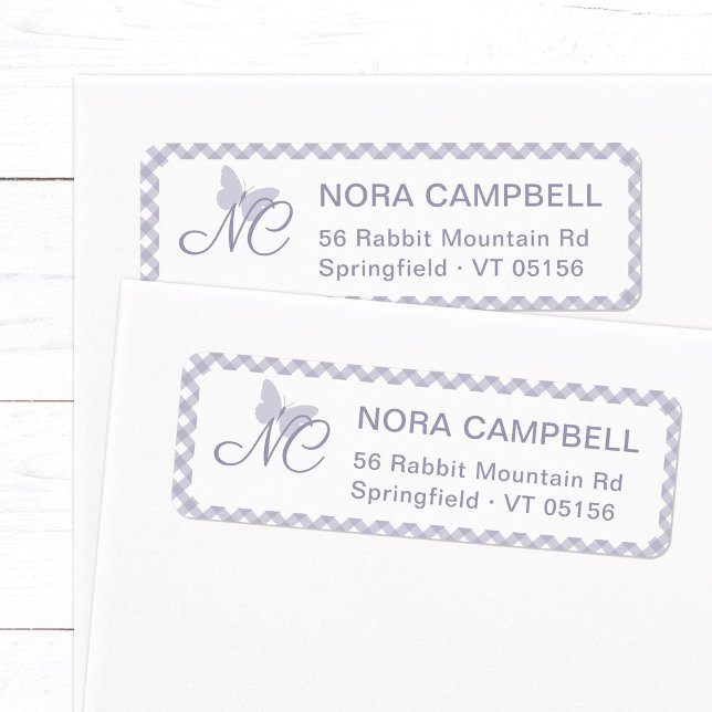 Butterfly Monogram Lavender Gingham Return Address (Elegant butterfly monogram return address label in lavender with a gingham plaid background.)