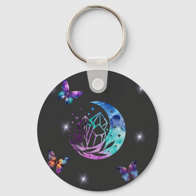 Butterfly, Moon, and Crystals Key Ring (Front)