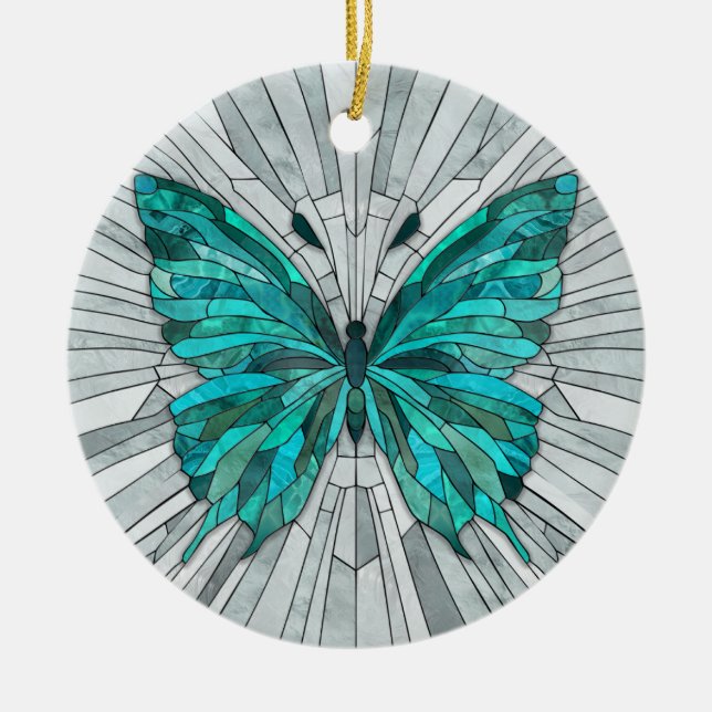 Butterfly Mosaic -Emerald Green and Grey Ceramic Tree Decoration (Front)