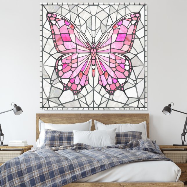 Butterfly Mosaic - Fairy Tale Pink and grey Canvas Print (Insitu(Bedroom))