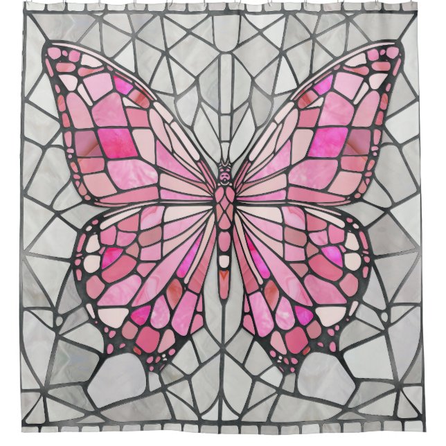 Butterfly Mosaic - Fairy Tale Pink and grey Shower Curtain (Front)